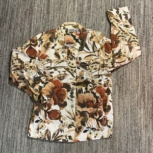 Vintage Chico's Design Brown Floral Jacket Cotton Blend Button Front Size 2 L 12
